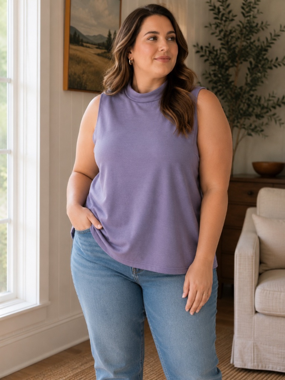 Sampeel XL Lavender Mock Neck Sleeveless Top Stretch Knit Blouse - Picture 7 of 7